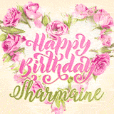 A stunning heart made of pink roses surrounds the elegant script text 'Happy Birthday Sharmaine' on a soft beige background. Animated sparkles add a magical and festive feel.