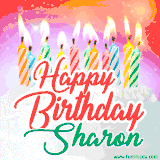 Bright birthday candles with rainbow flames on a cake, alongside the text 'Happy Birthday Sharon' in vibrant script in this celebratory animated GIF.