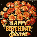 Animated bouquet of orange roses with moving butterfles and golden 'Happy Birthday Sharon' text, surrounded by sparkling accents and a dark backdrop for a luxurious feel.