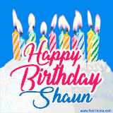 A cheerful animated GIF featuring colorful lit birthday candles on a white cake, with the text 'Happy Birthday Shaun' in bold red and blue script on a bright blue background.