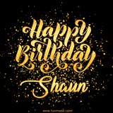Animated GIF with colorful, festive 'Happy Birthday Shaun' text decorated with patterns, a party hat, and falling confetti. A vibrant and cheerful design for birthday celebrations.