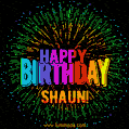 A colorful animated GIF featuring the text 'Happy Birthday Shaun!' in rainbow colors with a dynamic iridescent firework display in the background.