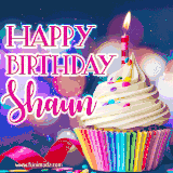 A festive animated GIF featuring a colorful cupcake with a single lit candle, sprinkles, and 'Happy Birthday Shaun' text against a sparkling, celebratory background.