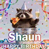 Animated birthday card personalized for Shaun. The lovable trash panda toasts with pizza and a drink, celebrating amidst colorful confetti and streamers.