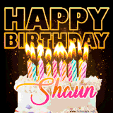 A vibrant animated GIF featuring a delicious birthday cake topped with glowing candles and the name 'Shaun' in elegant script, and the words 'Happy Birthday' on the black background.