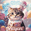 Happy birthday gif for Shayan with cat and cake
