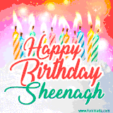 Bright birthday candles with rainbow flames on a cake, alongside the text 'Happy Birthday Sheenagh' in vibrant script in this celebratory animated GIF.