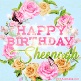 A charming animated GIF featuring 'Happy Birthday Sheenagh' in pink and green text, surrounded by delicate roses, leaves, and fluttering butterflies on a soft light blue pastel background.