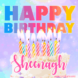 A vibrant animated name GIF with the words 'Happy Birthday Sheenagh' with colorful candles on a creamy cake. The background sparkles with pastel shades, adding a festive touch.