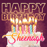 A colorful birthday cake topped with lit candles, with the words 'Happy Birthday Sheenagh' in bold glowing letters on a burgundy background. Animated flames add a festive touch.