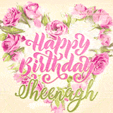 A stunning heart made of pink roses surrounds the elegant script text 'Happy Birthday Sheenagh' on a soft beige background. Animated sparkles add a magical and festive feel.