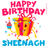 A vibrant and funny gift box character with a happy face dancing with a cupcake and the text 'Happy Birthday Sheenagh,' surrounded by animated confetti and party vibes.
