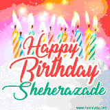 Bright birthday candles with rainbow flames on a cake, alongside the text 'Happy Birthday Sheherazade' in vibrant script in this celebratory animated GIF.