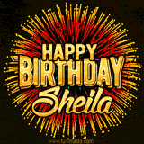 Golden 'Happy Birthday Sheila' text accompanied by animated rainbow fireworks for a festive animated greeting.