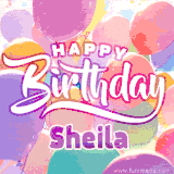 A vibrant name GIF featuring colorful balloons in shades of pink, orange, and yellow with the bold text 'Happy Birthday Sheila' in festive fonts, creating a lively birthday vibe.