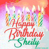 Bright birthday candles with rainbow flames on a cake, alongside the text 'Happy Birthday Sheily' in vibrant script in this celebratory animated GIF.