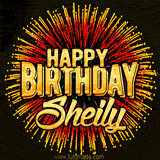 Golden 'Happy Birthday Sheily' text accompanied by animated rainbow fireworks for a festive animated greeting.