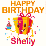 A vibrant and funny gift box character with a happy face dancing with a cupcake and the text 'Happy Birthday Sheily,' surrounded by animated confetti and party vibes.