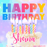 A vibrant animated name GIF with the words 'Happy Birthday Sheina' with colorful candles on a creamy cake. The background sparkles with pastel shades, adding a festive touch.