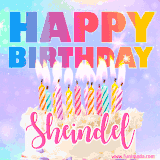 A vibrant animated name GIF with the words 'Happy Birthday Sheindel' with colorful candles on a creamy cake. The background sparkles with pastel shades, adding a festive touch.