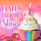 A vibrant birthday GIF featuring a rainbow-colored cupcake topped with white frosting, sprinkles, and a lit candle. The text reads 'Happy Birthday Sheine' in bold pink and violet letters with white outline.