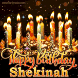 A glowing personalized birthday GIF with name Shekinah featuring lit candles with intricate designs, warm lighting, and the text 'Happy Birthday' in an elegant font.