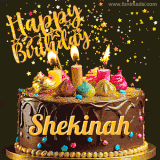 A delightful chocolate birthday cake with bright candles and 'Happy Birthday Shekinah' written in gold amidst a shower of animated stars.