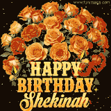 Animated bouquet of orange roses with moving butterfles and golden 'Happy Birthday Shekinah' text, surrounded by sparkling accents and a dark backdrop for a luxurious feel.