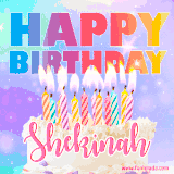 A vibrant animated name GIF with the words 'Happy Birthday Shekinah' with colorful candles on a creamy cake. The background sparkles with pastel shades, adding a festive touch.