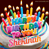 A colorful birthday cake topped with lit candles, with the words 'Happy Birthday Shekinah' in bold glowing letters on a burgundy background. Animated flames add a festive touch.