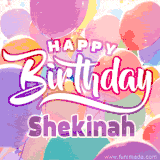 A vibrant name GIF featuring colorful balloons in shades of pink, orange, and yellow with the bold text 'Happy Birthday Shekinah' in festive fonts, creating a lively birthday vibe.