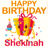 A vibrant and funny gift box character with a happy face dancing with a cupcake and the text 'Happy Birthday Shekinah,' surrounded by animated confetti and party vibes.