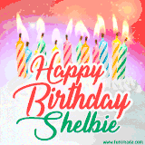 Bright birthday candles with rainbow flames on a cake, alongside the text 'Happy Birthday Shelbie' in vibrant script in this celebratory animated GIF.