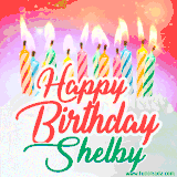 Bright birthday candles with rainbow flames on a cake, alongside the text 'Happy Birthday Shelby' in vibrant script in this celebratory animated GIF.