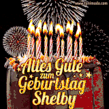 A chocolate birthday cake with glowing candles, the German text 'Alles Gute zum Geburtstag Shelby,' and vibrant fireworks lighting up the background in an animated GIF.