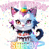 Adorable party-themed animated cat next to a lit birthday cake with text that says 'Happy Birthday Shelby,' surrounded by colorful decorations and sparkles.