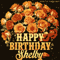 Beautiful bouquet of orange and red roses for Shelby, golden inscription and twinkling stars