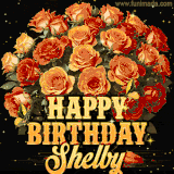Animated bouquet of orange roses with moving butterfles and golden 'Happy Birthday Shelby' text, surrounded by sparkling accents and a dark backdrop for a luxurious feel.