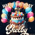 Hand-drawn happy birthday cake adorned with an arch of colorful balloons - name GIF for Shelby