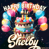 Bright birthday animation for Shelby with a chocolate cake, candles, balloons, and glowing celebratory lights.