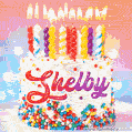 Personalized for Shelby elegant birthday cake adorned with rainbow sprinkles, colorful candles and glitter