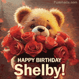 Cinematic style cute animated teddy bear with charming features holding a large bouquet of red roses, the words say 'Happy Birthday Shelby' in sans serif font.