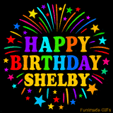Personalized greeting card with name, colorful text that says 'Happy Birthday Shelby' surrounded by animated fireworks and multicolor stars