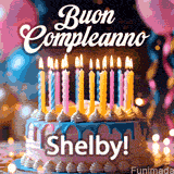 Birthday cake topped with pink and yellow lit candles, surrounded by glowing bokeh lights and party balloons. The greeting 'Buon Compleanno Shelby GIF!' is displayed.