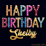 Vibrant luxury birthday greeting card for Shelby, showing glittering gemstone letters and golden calligraphy on a dark background with twinkling shine effects.