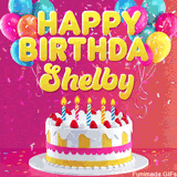 Pink-themed animated greeting with balloons, confetti, and a frosted cake under the message 'Happy Birthday Shelby' in bold rounded yellow font.