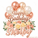Stylish pink and gold Happy Birthday Shelby animation with floral decor