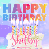 A vibrant animated name GIF with the words 'Happy Birthday Shelby' with colorful candles on a creamy cake. The background sparkles with pastel shades, adding a festive touch.