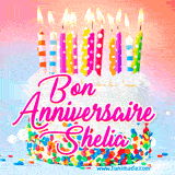 A white birthday cake covered in colorful sprinkles, topped with bright candles, and French text 'Bon Anniversaire Shelia' on a pastel gradient background in an animated GIF.
