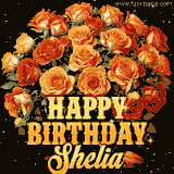 Animated bouquet of orange roses with moving butterfles and golden 'Happy Birthday Shelia' text, surrounded by sparkling accents and a dark backdrop for a luxurious feel.